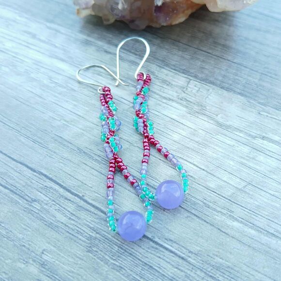 Dyed Jade Gemstone Spiral Beaded Dangle Earrings, Boho Chic Artisan Statement 3" - Picture 3 of 8